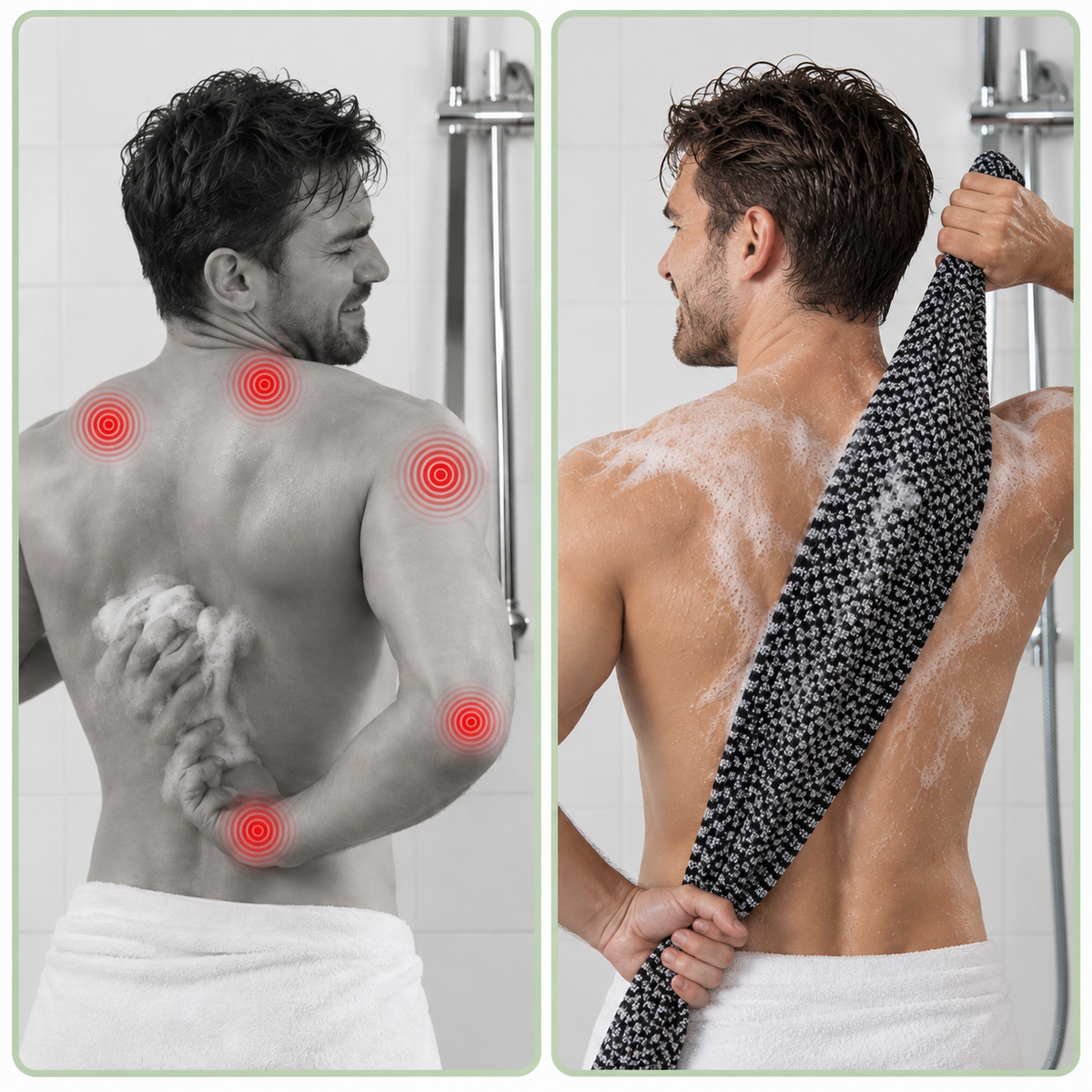 Comparaison d’un homme se lavant difficilement le dos avec une débarbouillette, puis utilisant La Serviette 360 noire et blanche sous la douche.