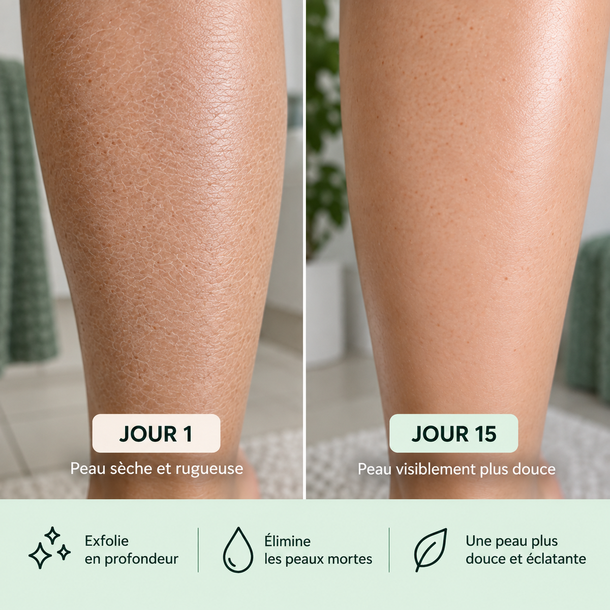 Comparaison d’une jambe à la peau sèche et rugueuse au jour 1, puis d’apparence plus douce et lisse au jour 15 après une routine exfoliante.
