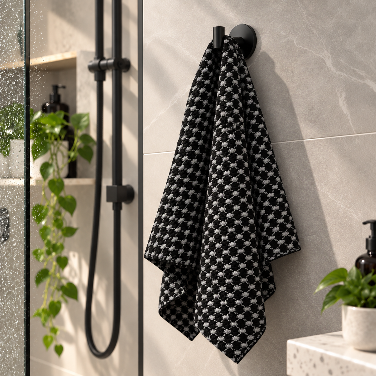 La Serviette 360 noire et grise de Jociia, déposée sur un crochet mural noir dans une douche moderne aux tuiles beige clair.