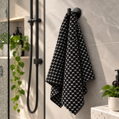 La Serviette 360 noire et grise de Jociia, déposée sur un crochet mural noir dans une douche moderne aux tuiles beige clair.