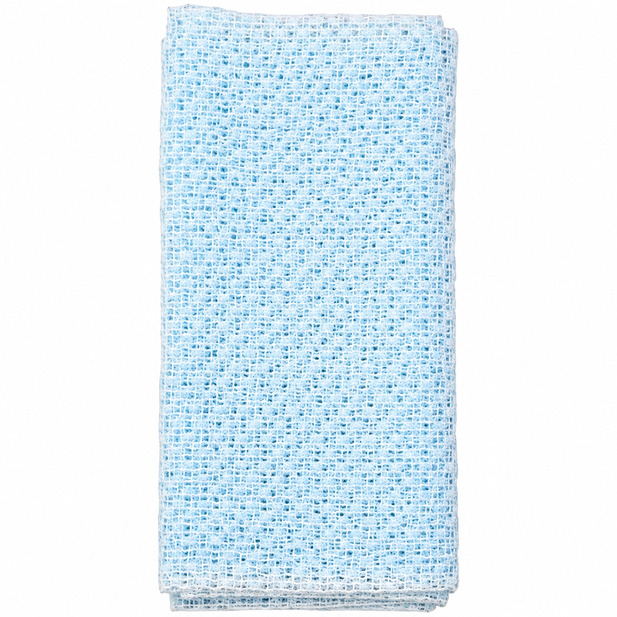 La Serviette 360 exfoliante bleu pâle de Jociia, au tissage ouvert et texturé, présentée pliée sur un fond blanc professionnel.