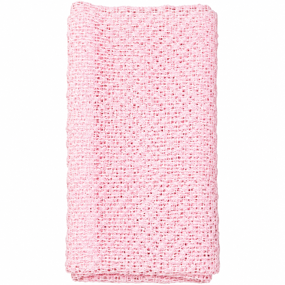 La Serviette 360 exfoliante rose pâle de Jociia, au tissage ouvert et texturé, présentée pliée sur un fond blanc professionnel.